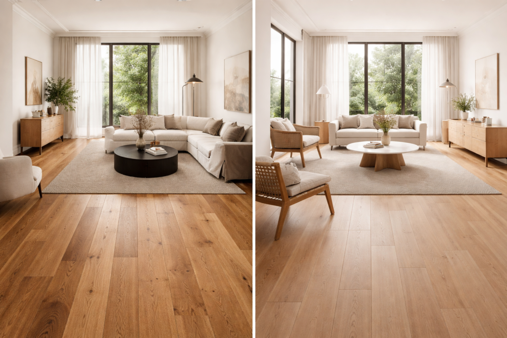 Side by side comparison of solid hardwood flooring and engineered wood flooring in a modern home interior